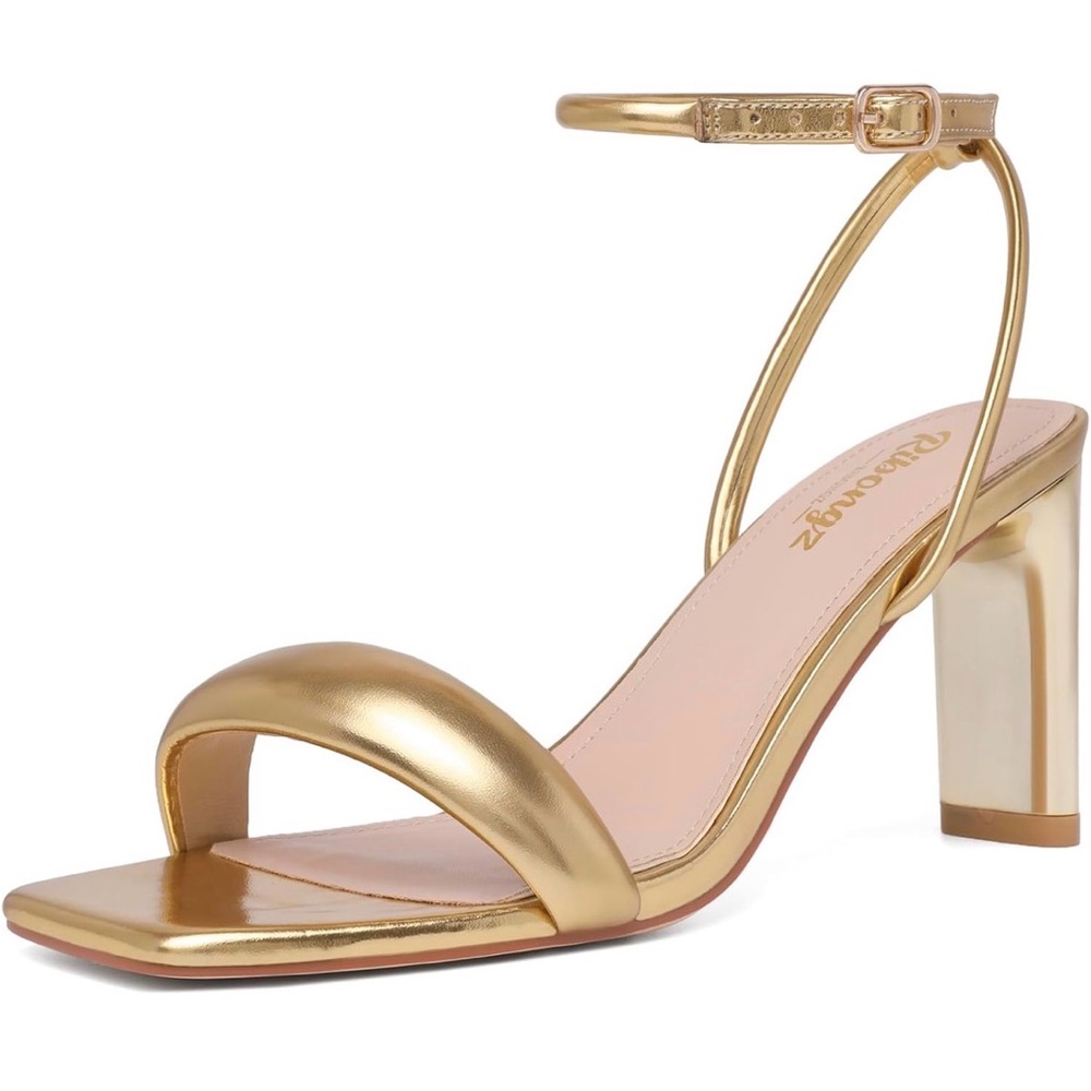 Radiant Woman’s Gold Ankle Strap Open Toe  Heels NEW
